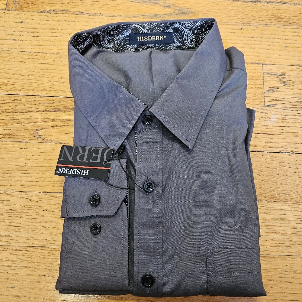 New Hisdern Men's Grey Dress Shirt With Paisley Size XL 17.5